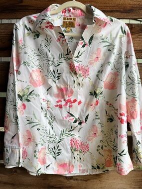 Taylor White Floral Button-Down Shirt with Pink & Green Accents